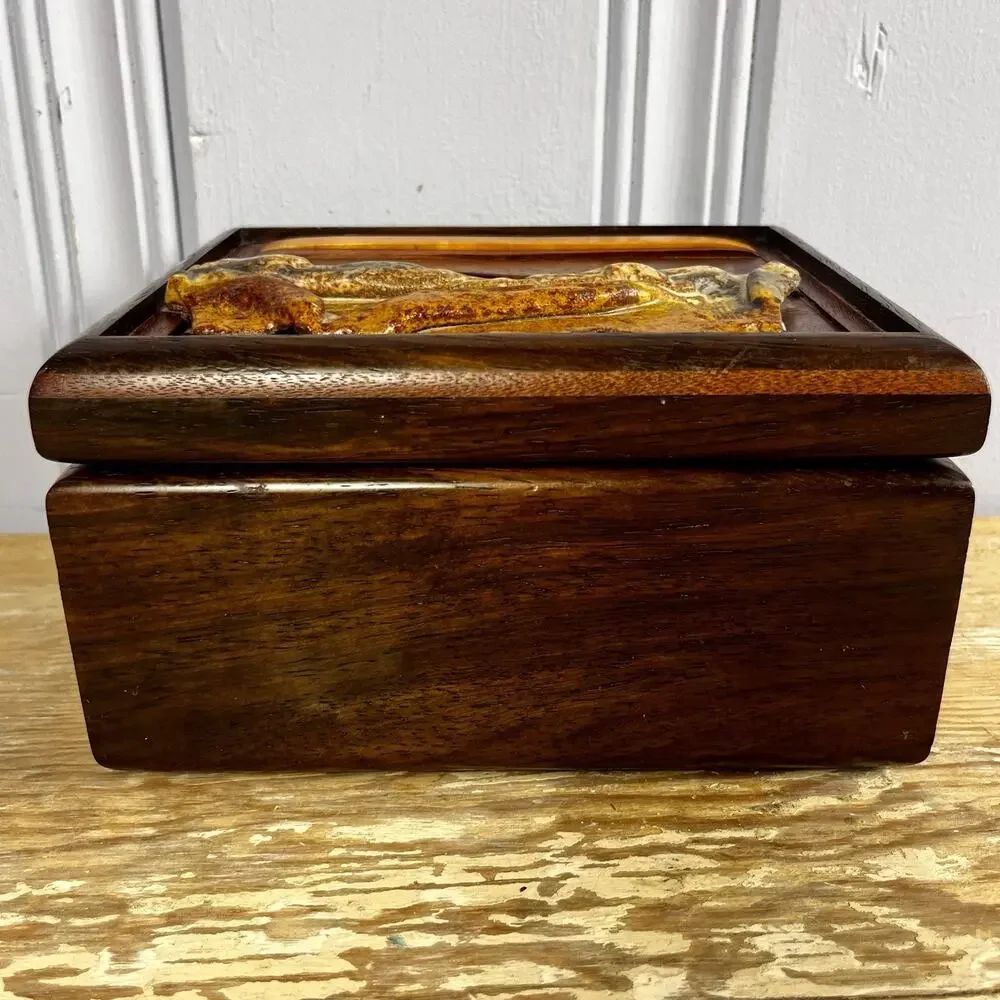Vintage Handmade Mahogany Wood Box Ceramic Tile Lid Southwestern Cactus OOAK